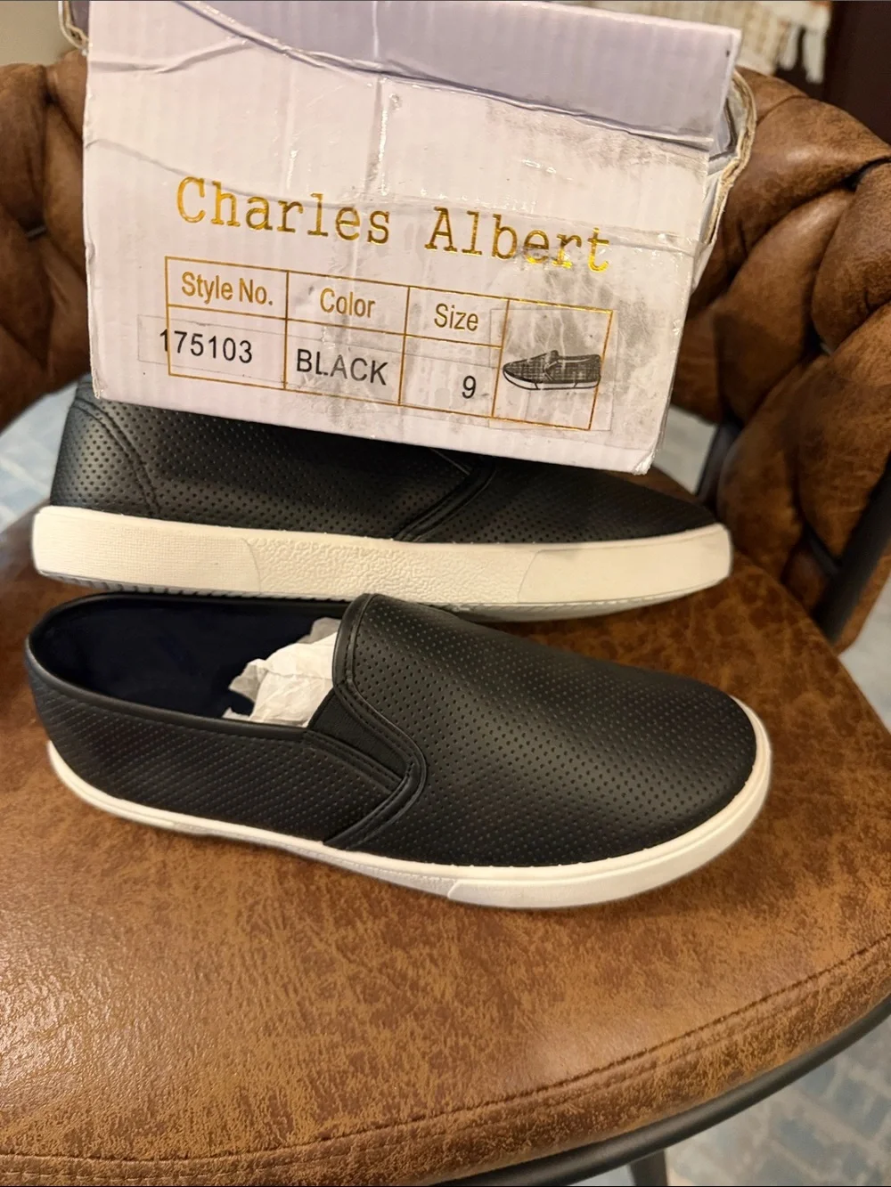 Charles Albert Black Perforated Slip-On Sneakers with White Sole